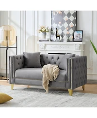 Streamdale Furniture 58" Chesterfield Velvet Sofa, 2 Seater, Button Nailhead, Square Arm - Grey