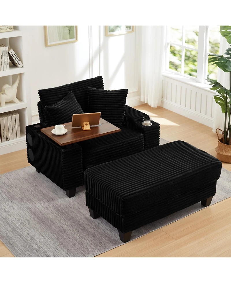Streamdale Furniture Corduroy Sofa Bed with Ottoman, Bluetooth, Usb, Rotating Table