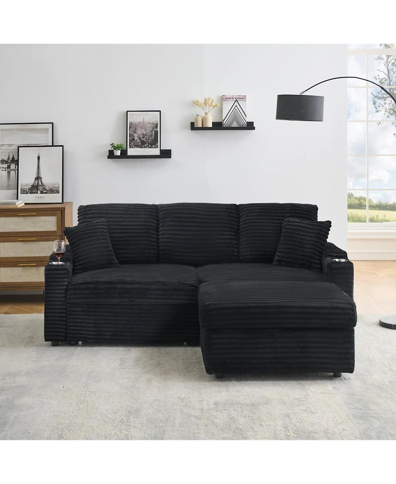 Streamdale Furniture 80" Corduroy Sofa with Reclining, Cup Holders & Removable Footstool, Black