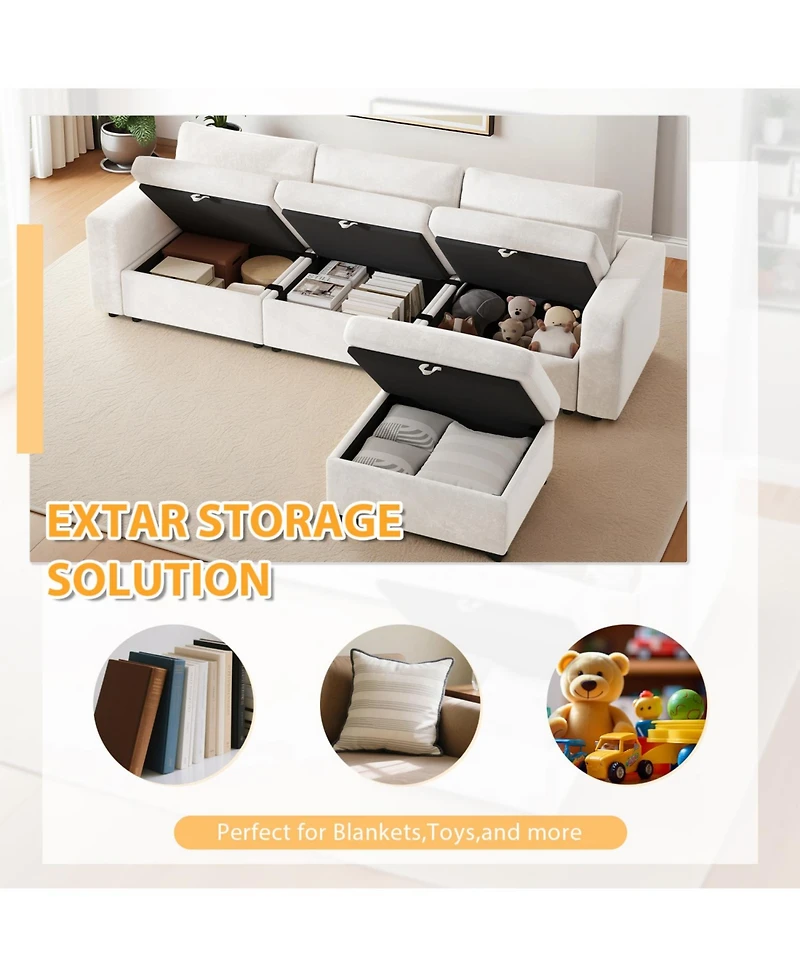 Streamdale Furniture Oversized Cloud Sectional Couch with Ottoman, Velvet Sofa, Removable Pillows, Beige