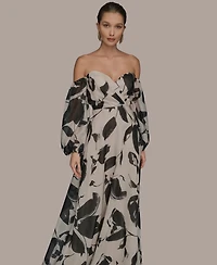 Donna Karan New York Women's Floral Print Sweetheart Neckline Puff Sleeve Gown