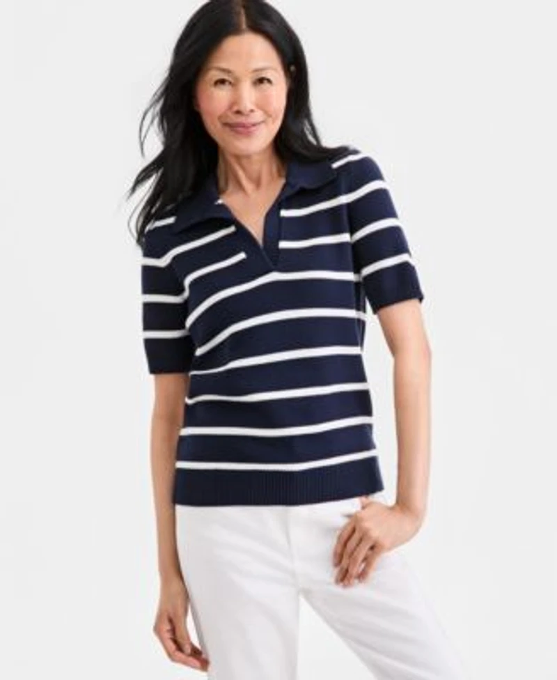 Style Co Womens Striped Cotton Elbow Sleeve Johnny Collar Sweater Macys Exclusive