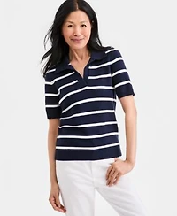 Style Co Womens Striped Cotton Elbow Sleeve Johnny Collar Sweater Macys Exclusive