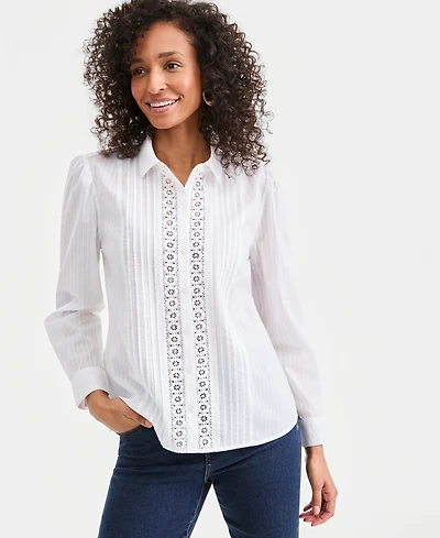 Style & Co Women's Cotton Pleated Lace-Trim Blouse, Macy's Exclusive