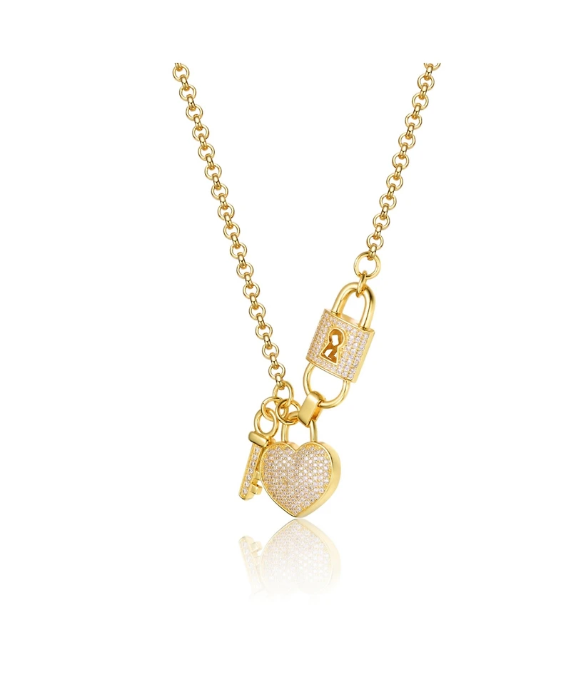 Sterling Silver 14K Gold Plated with Clear Cubic Zirconia Heart & Padlock Charm Necklace