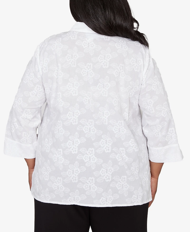 Alfred Dunner Plus Classic Collared Flower Embroidered Top