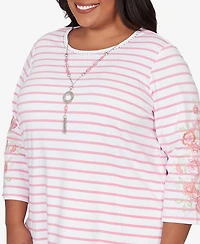 Alfred Dunner Plus Classic Stripe Embroidered Sleeve Top with Necklace