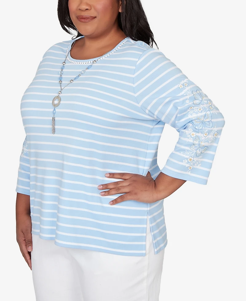 Alfred Dunner Plus Classic Stripe Cornflower Embroidered Sleeve Top with Necklace