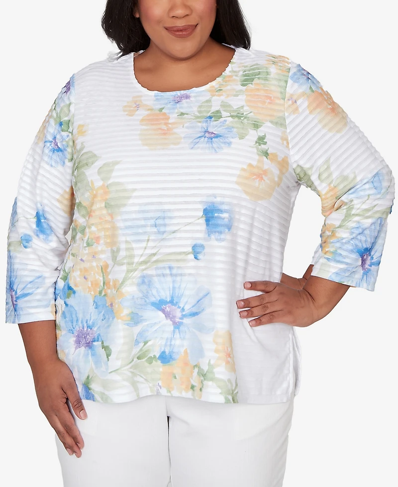 Alfred Dunner Plus Classic Placed Floral Stripe Top
