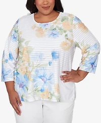 Alfred Dunner Plus Classic Placed Floral Stripe Top