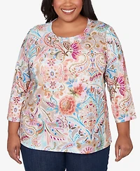 Alfred Dunner Plus Classic Paisley Floral Pleated Neck Top