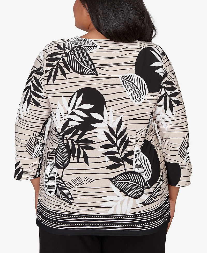 Alfred Dunner Plus Classic Tropical Leaf Border Print Split Neck Top