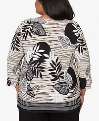 Alfred Dunner Plus Classic Tropical Leaf Border Print Split Neck Top