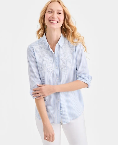 Style & Co Petite Collared Neck Embroidered Detail Shirt, Macy's Exclusive