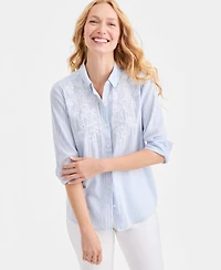 Style & Co Petite Collared Neck Embroidered Detail Shirt, Macy's Exclusive