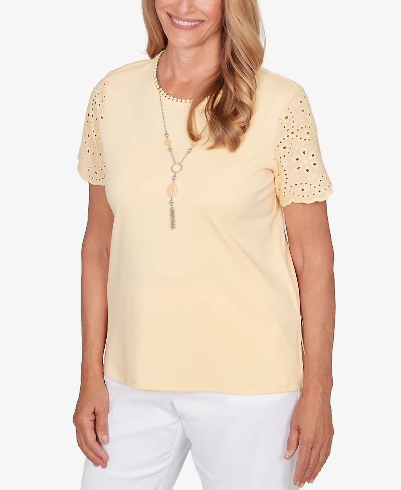 Alfred Dunner Women's Classic Solid Eyelet Sleeve T-Shirt with Necklace