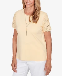 Alfred Dunner Women's Classic Solid Eyelet Sleeve T-Shirt with Necklace