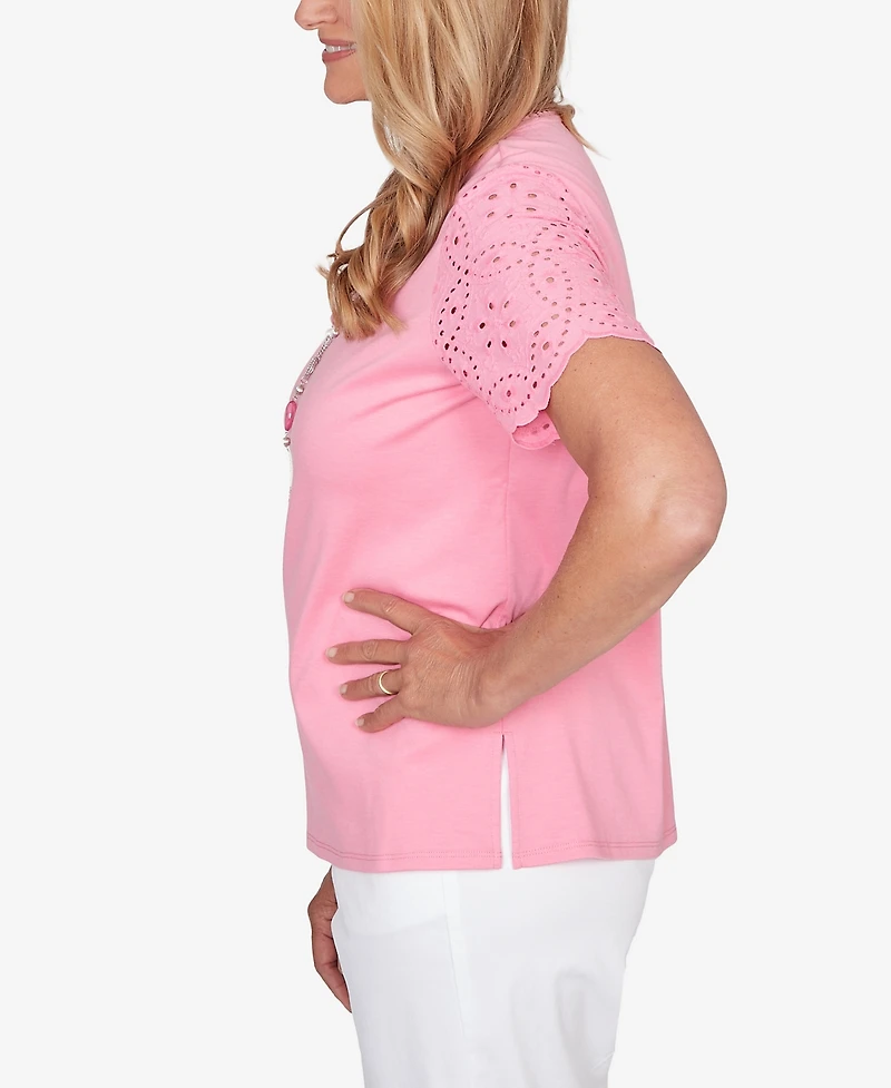 Alfred Dunner Women's Classic Solid Eyelet Sleeve T-Shirt with Necklace