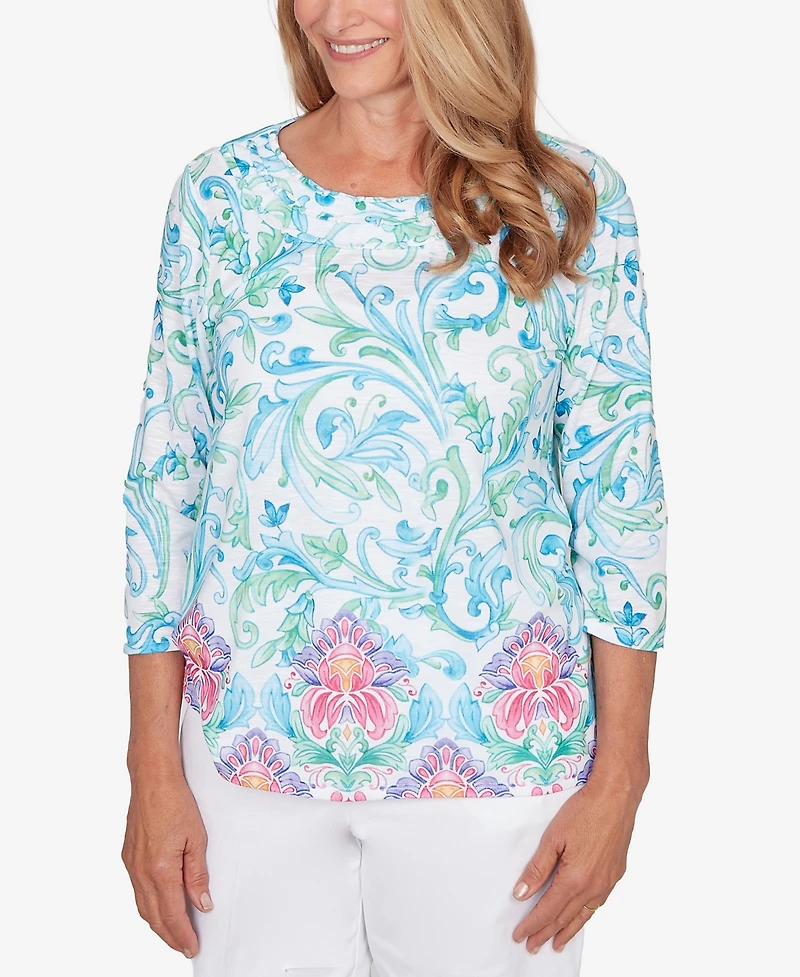 Alfred Dunner Women's Classic Scroll Border Embellished Neck Top
