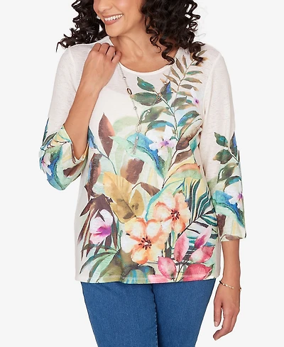 Alfred Dunner Women's Classic Tropical Print Top with Necklace