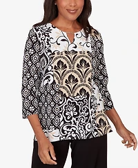 Alfred Dunner Women's Classic Geometric Scroll Patchwork Split Neck Top