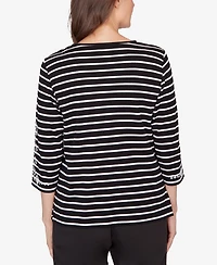 Alfred Dunner Women's Classic Pinstripe Embroidered Sleeve Top with Necklace