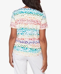 Alfred Dunner Women's Rainbow Animal Print Beaded Neck Ruched T-Shirt