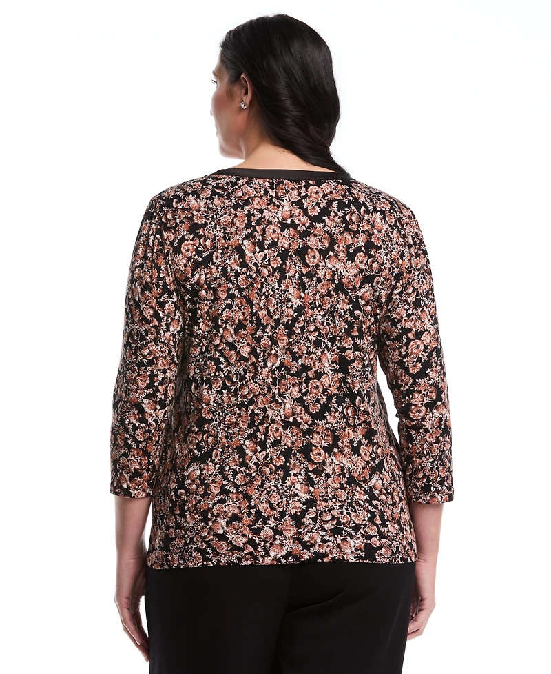 Rafaella Plus Floral Print 3/4 Puff Sleeve V-Neck Top