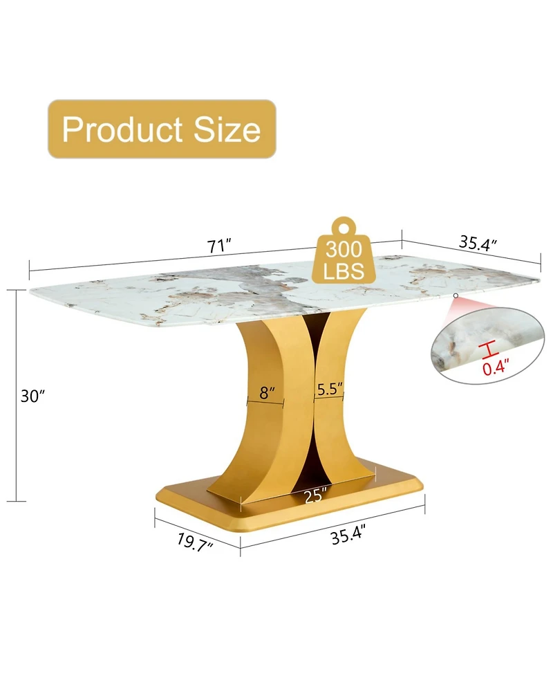 Streamdale Furniture A modern minimalist dining table. Imitation marbled glass tabletop. Gold Mdf table legs for kitchen and living room