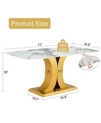 Streamdale Furniture A modern minimalist dining table. Imitation marbled glass tabletop. Gold Mdf table legs for kitchen and living room