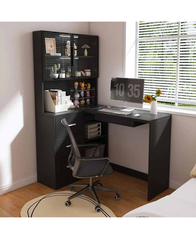 Streamdale L-Shaped Corner Desk with Led, Usb, Keyboard Tray - Black