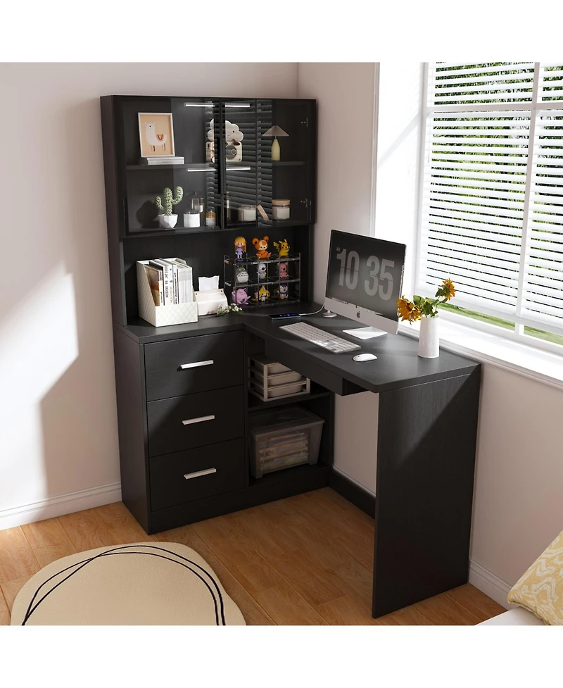 Streamdale L-Shaped Corner Desk with Led, Usb, Keyboard Tray - Black