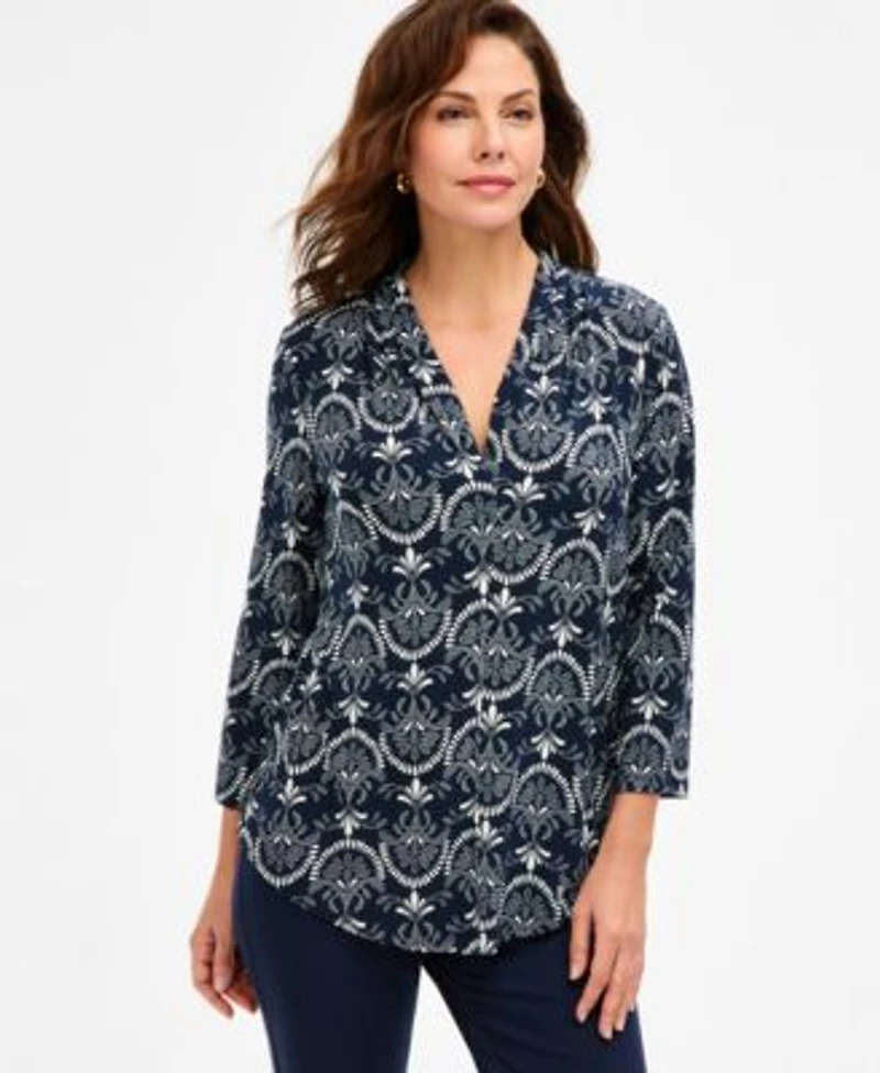 Jm Collection Womens Printed 3 4 Sleeve V Neck Knit Top Macys Exclusive