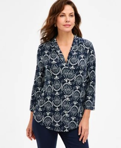 Jm Collection Womens Printed 3 4 Sleeve V Neck Knit Top Macys Exclusive