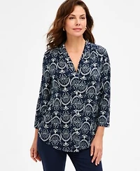 Jm Collection Womens Printed 3 4 Sleeve V Neck Knit Top Macys Exclusive