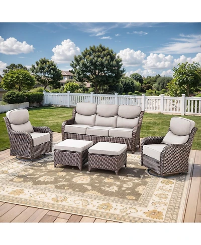 Gymojoy Crescent Swivel Glider All-Weather Pe Wicker Patio Conversation Set with Olefin 6 In. Thick Cushions/Sofa (5-Piece