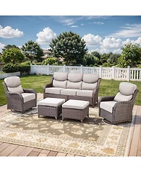 Gymojoy Crescent Swivel Glider All-Weather Pe Wicker Patio Conversation Set with Olefin 6 In. Thick Cushions/Sofa (5-Piece