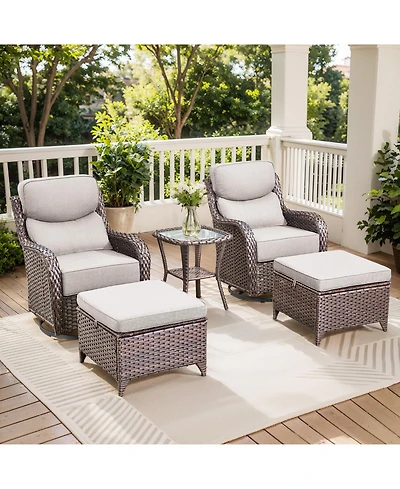 Gymojoy Crescent Swivel Glider All-Weather Pe Wicker Patio Conversation Set with Olefin 6 In. Thick Cushions/Ottoman (5-Piece