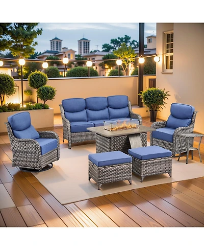 Gymojoy Crescent All-weather Pe Wicker Fire Pit Conversation Set with Olefin 6 Inch Thick Cushions Patio Swivel Chairs Set/Couch/Ottomans (7-Piece)