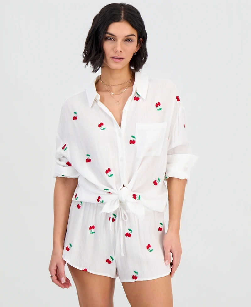 Miken Women's Dolphin Cherry Embroidered Cover-Up Swim Shorts