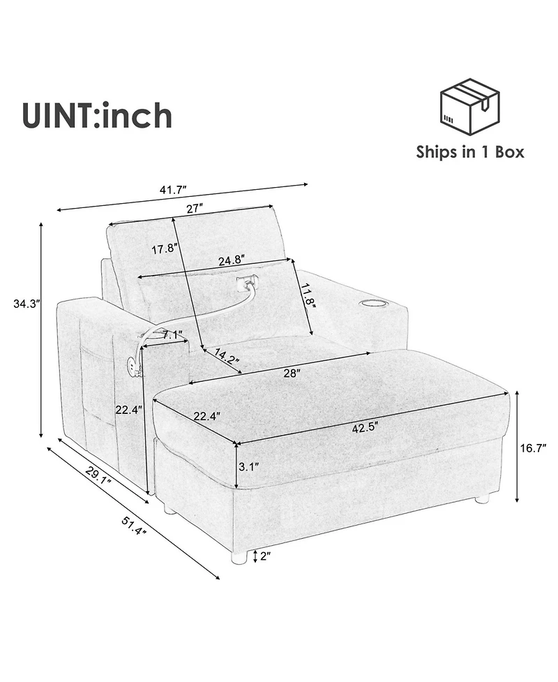 Streamdale Furniture Modern Armchair Chaise Lounge Sofa with Ottoman, Usb Ports & Cup Holders - Black