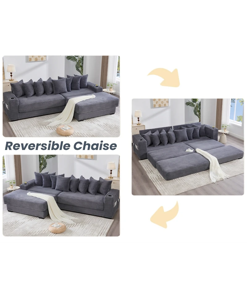 Streamdale Furniture Corduroy L-Shaped Sectional Sofa with Ottoman, Pillows & Cup Holders