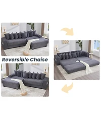 Streamdale Furniture Corduroy L-Shaped Sectional Sofa with Ottoman, Pillows & Cup Holders