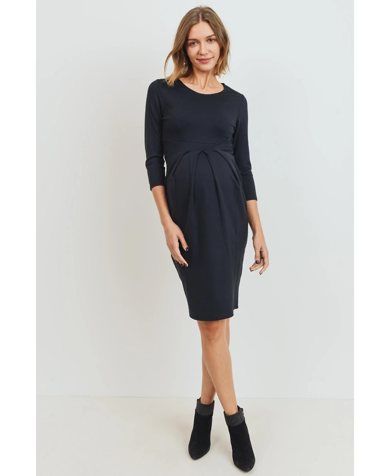 Hello Miz Maternity 3/4 Sleeve Round Neck Front Pleat Dress