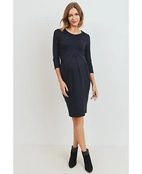 Hello Miz Maternity 3/4 Sleeve Round Neck Front Pleat Dress