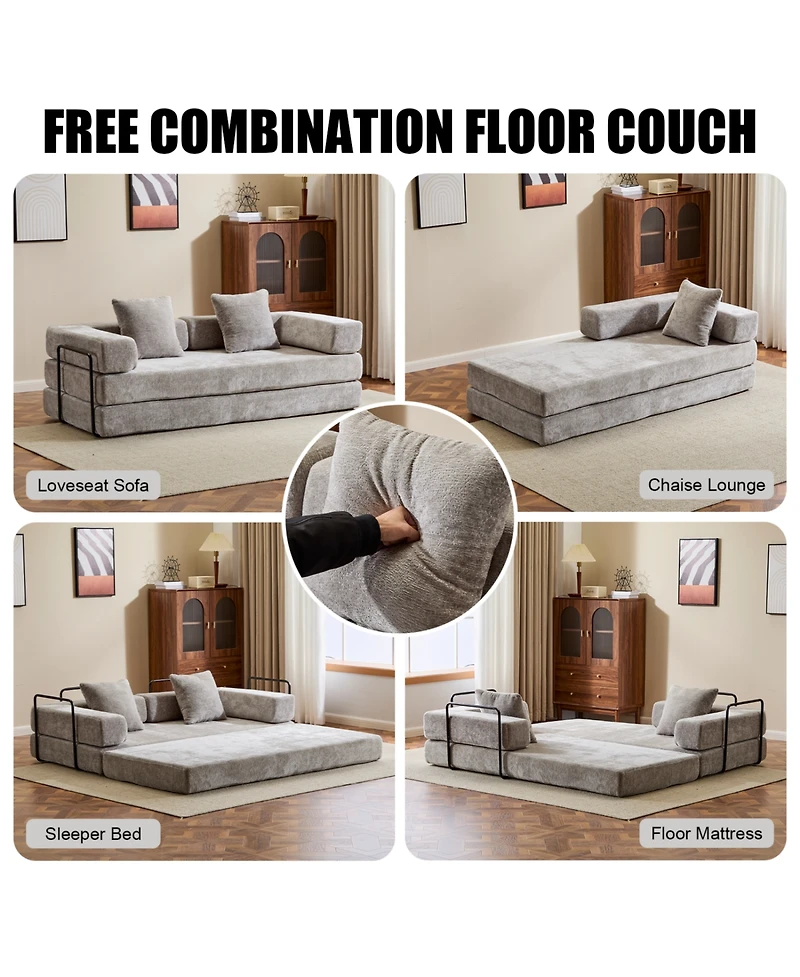 Streamdale Furniture Convertible Floor Sofa Bed with Pillow & Armrest - Light Grey