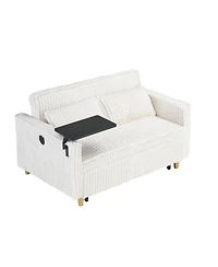 Streamdale Furniture Beige Corduroy Pull-Out Sofa w/ Movable Tabletop & Usb