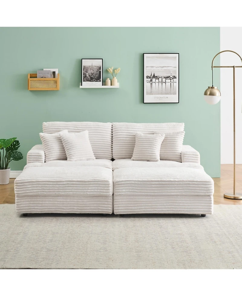 Streamdale Furniture White Corduroy Sofa w/ Storage Legs & Pillows