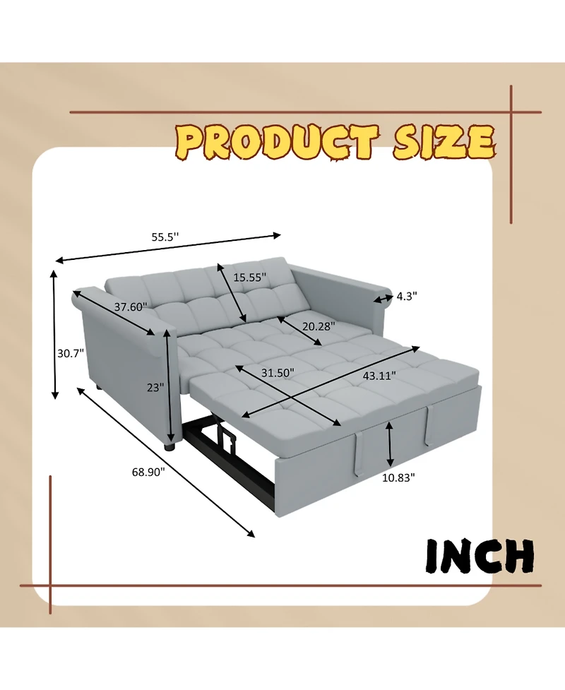 Streamdale Velvet Loveseat Sofa Bed - Gray Pull-Out Sleeper Couch