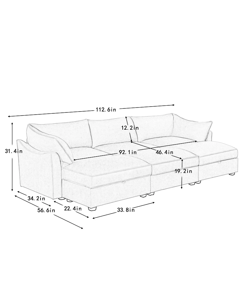 Streamdale Furniture 3-Seat Sofa w/ Ottomans & Storage - Chenille Orange